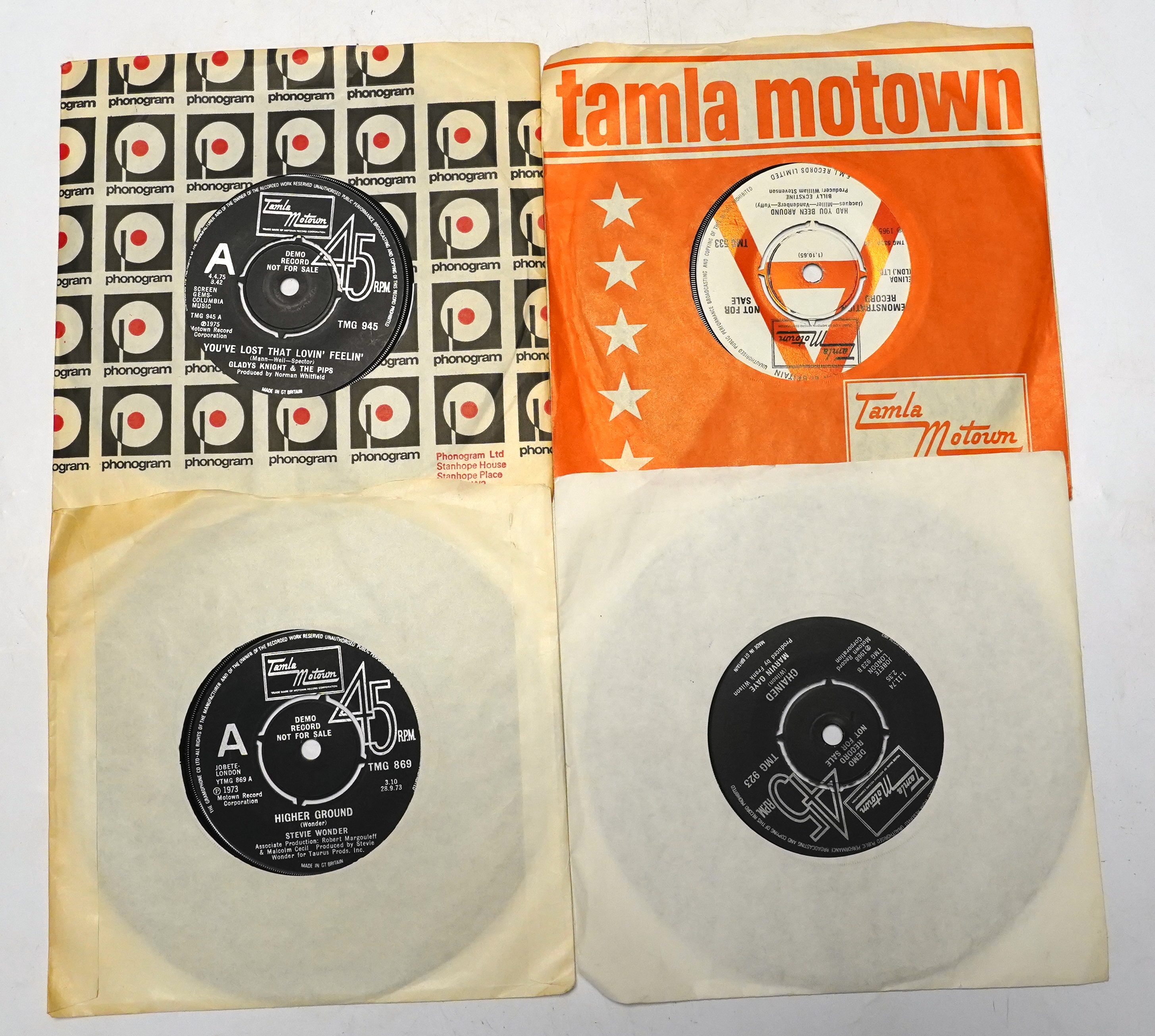 Eight demo 7” singles, all Tamala Motown label with printed demo labels by Marvin Gaye, Billy Eckstine, Gladys Knight and the Pips, and Stevie Wonder, hits including; I Heard It Through the Grapevine, You’ve Lost That Lo